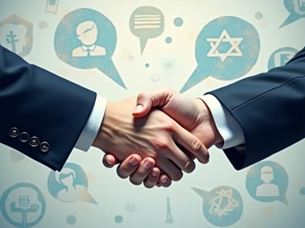 Two people shaking hands, symbolizing a Win-Win agreement, with a background featuring open communication and collaboration tools.
