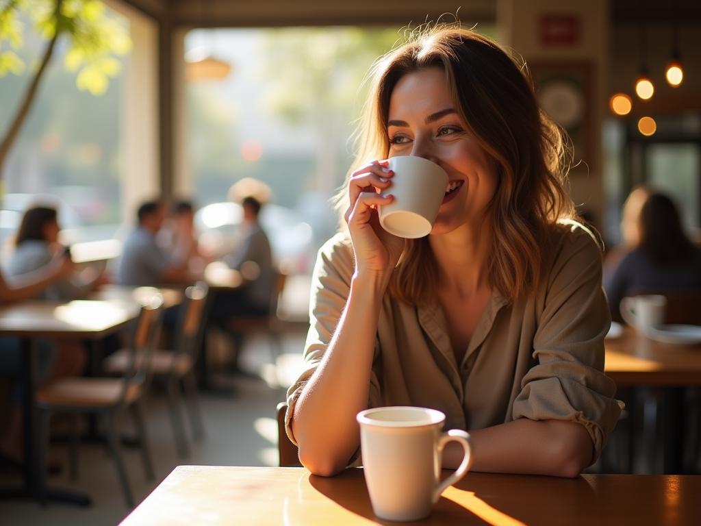 Woman smiling while drinking coffee in a sunny cafe. Text overlay: Happiness Breaks: Transform Your Day with Simple Moments