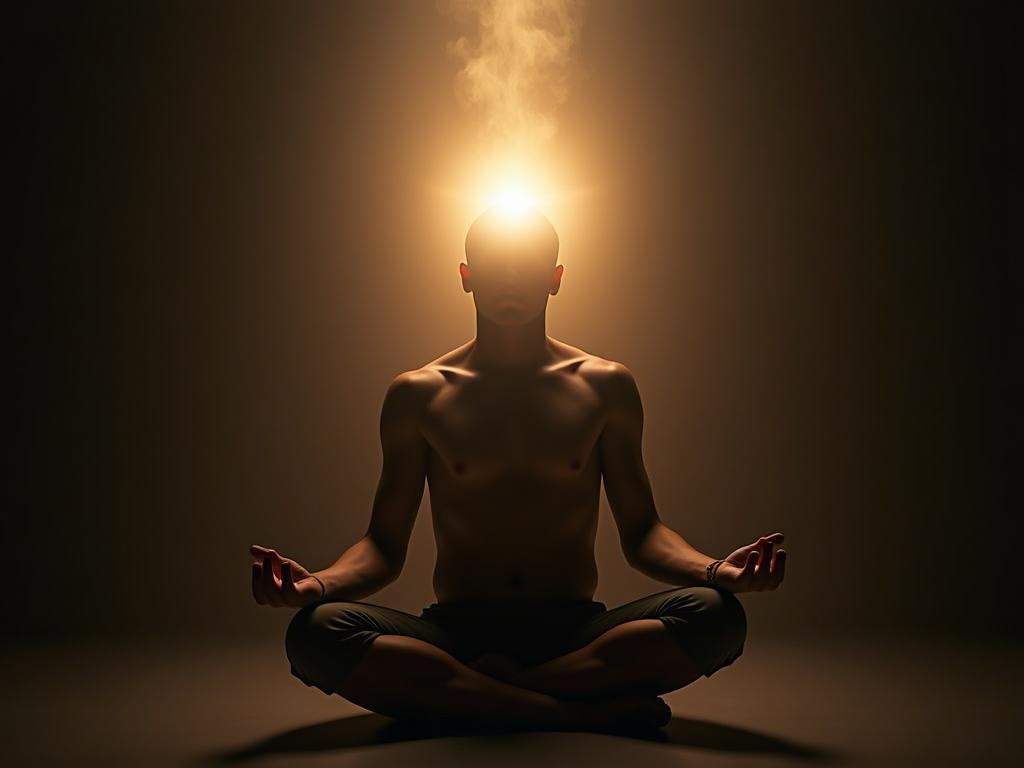 A person meditating peacefully with light radiating from their head, representing emotional awareness and control.