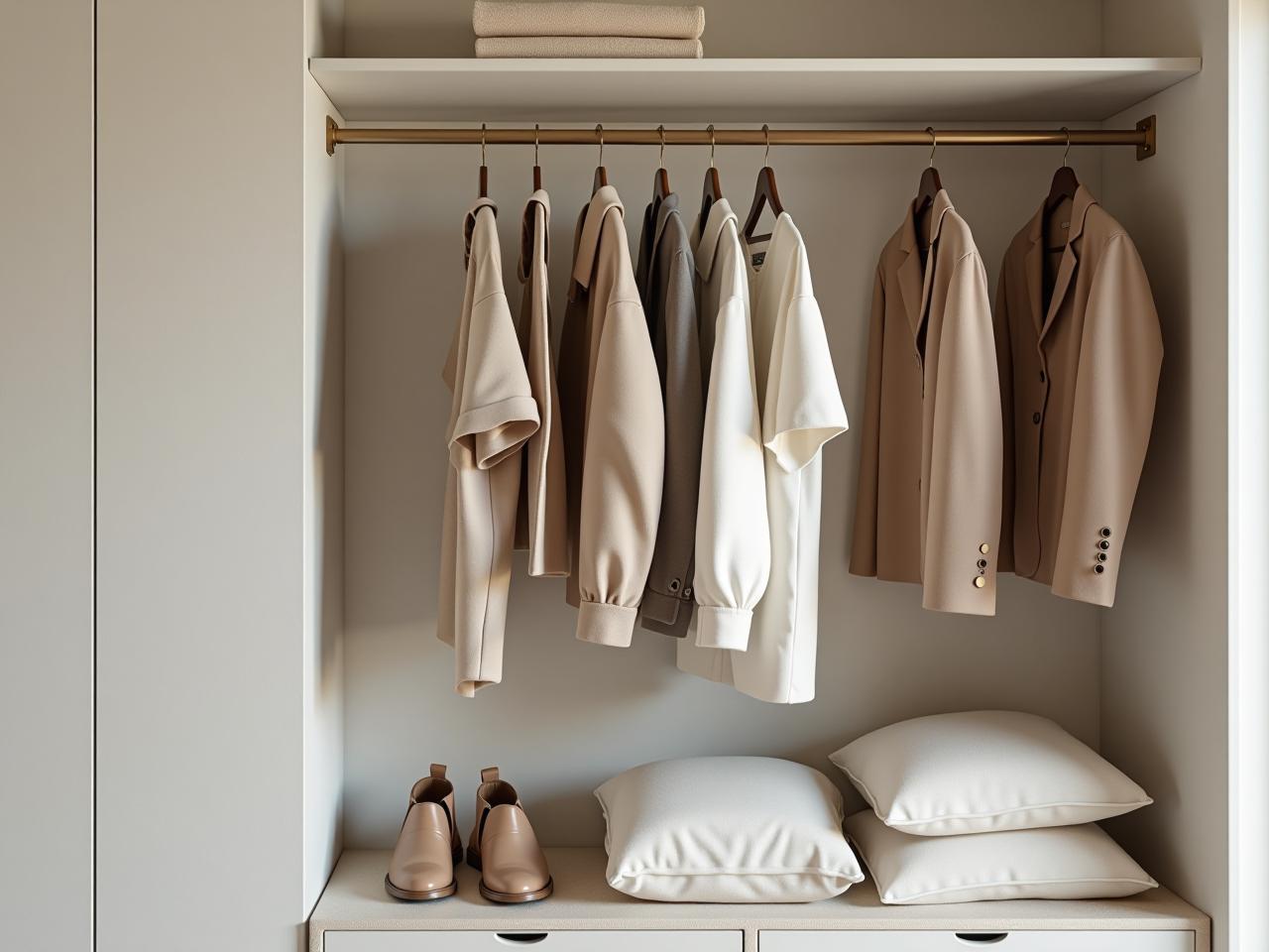 A neatly organized capsule wardrobe with a few high-quality clothing items in neutral colors, showcasing the minimalist concept.
