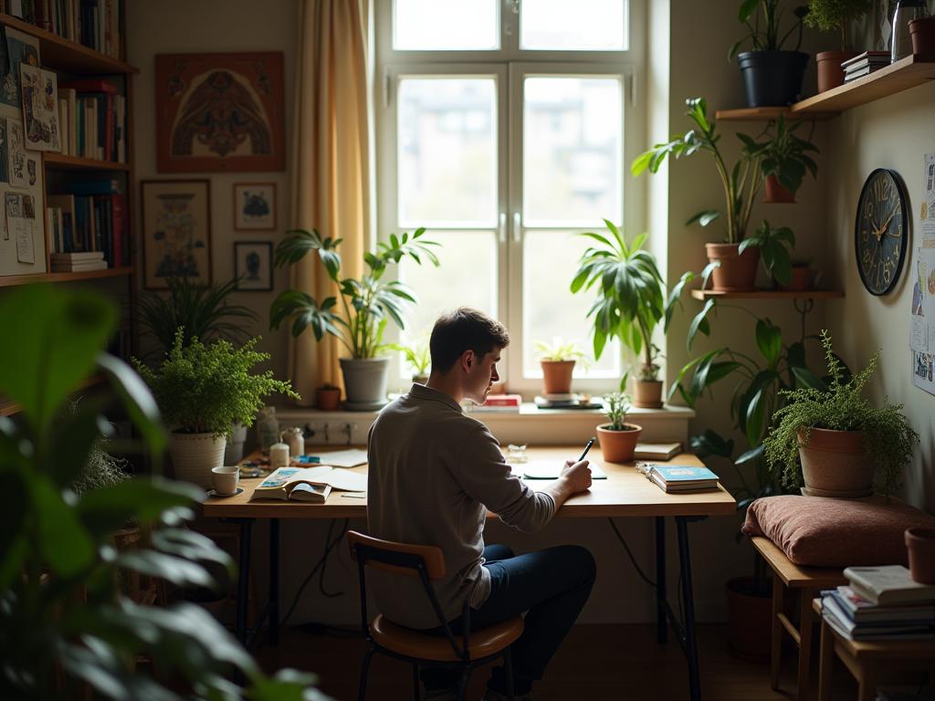 A person sitting in a comfortable and inspiring workspace, surrounded by plants, books, and natural light, engaged in a creative task like writing or painting.