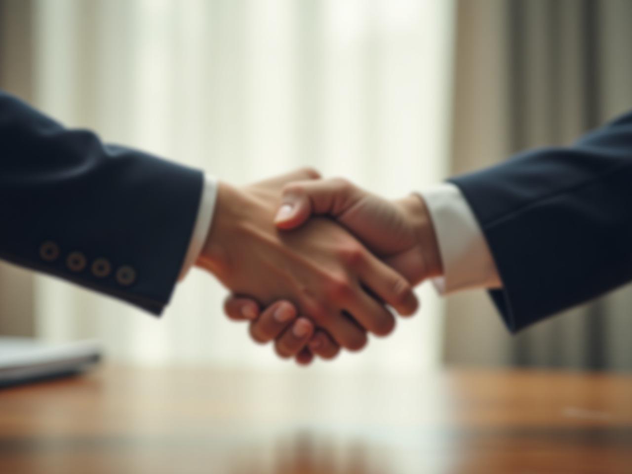 Two people shaking hands over a table, symbolizing agreement and shared goals. The background is blurred to emphasize the handshake. Keywords: agreement, cooperation, negotiation, shared goals, conflict resolution.
