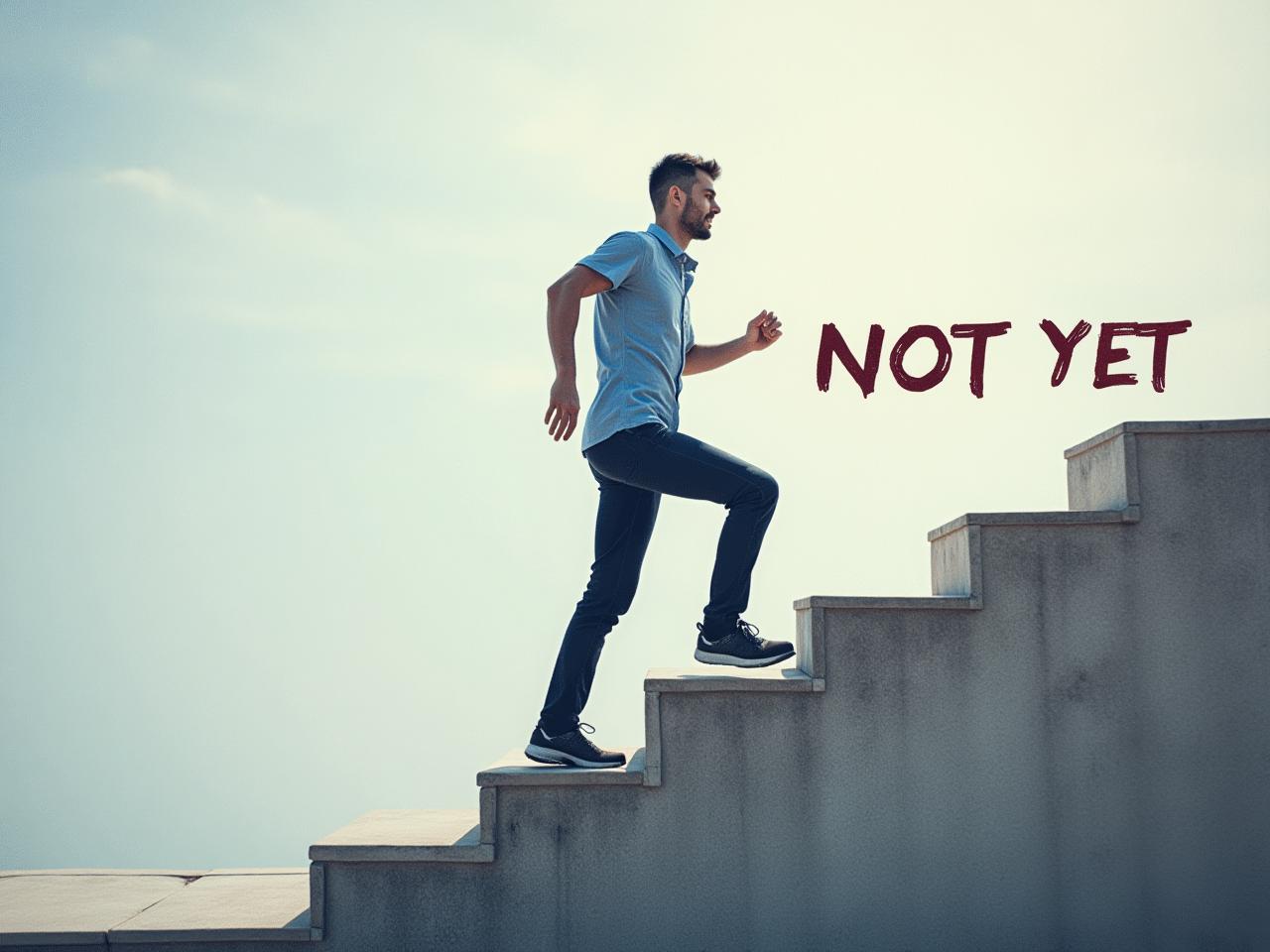 A person climbing stairs, symbolizing progress and growth mindset. The phrase Not Yet is subtly integrated into the image, representing the power of the word in overcoming challenges.