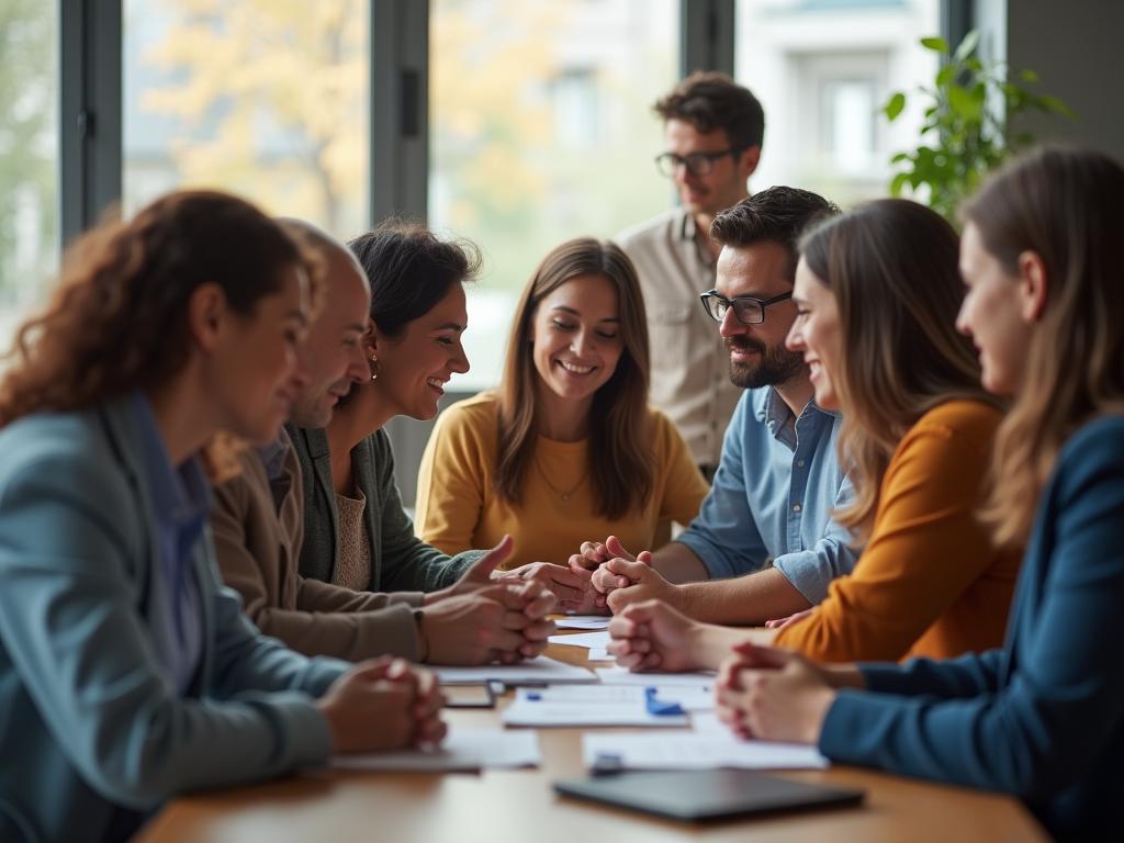 A group of diverse people collaborating and supporting each other, symbolizing a community built on trust and open communication. The image evokes feelings of unity, empowerment, and mutual respect. The background shows a bright, modern office space, suggesting a positive and collaborative work environment.