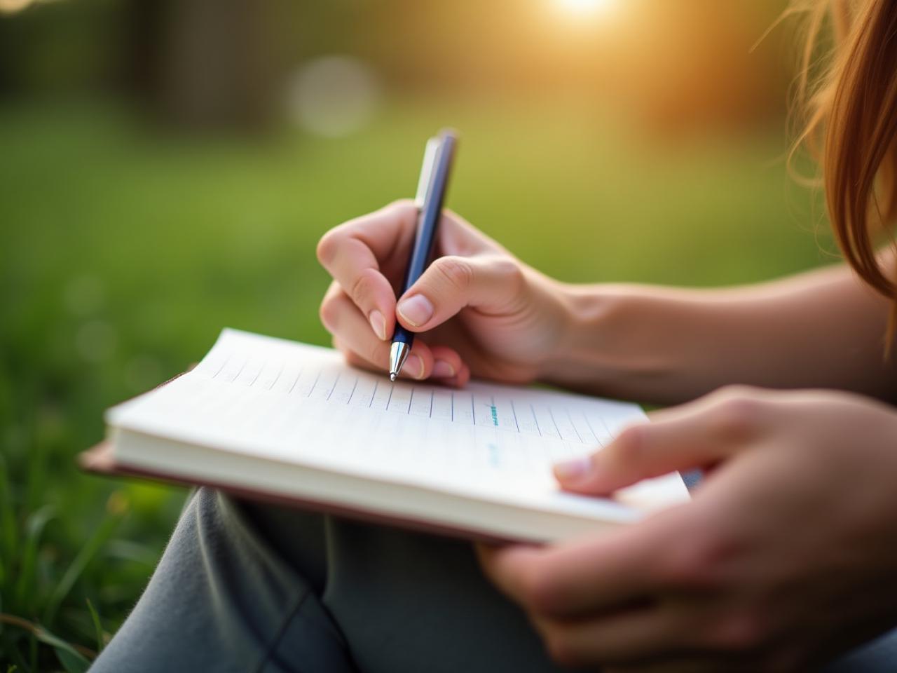 A person writing in a gratitude journal outdoors in a peaceful nature setting. Focus on hands holding the pen and the journal.