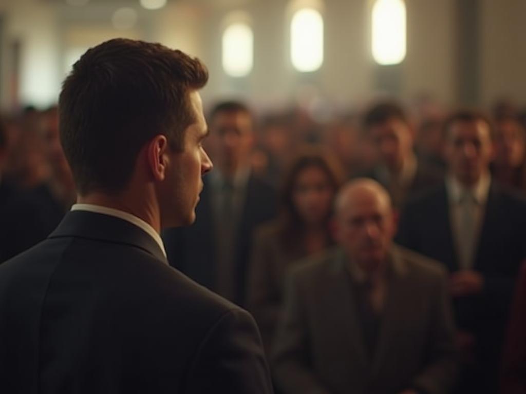 A person looking thoughtfully at a group of people, considering their emotional impact on the group.