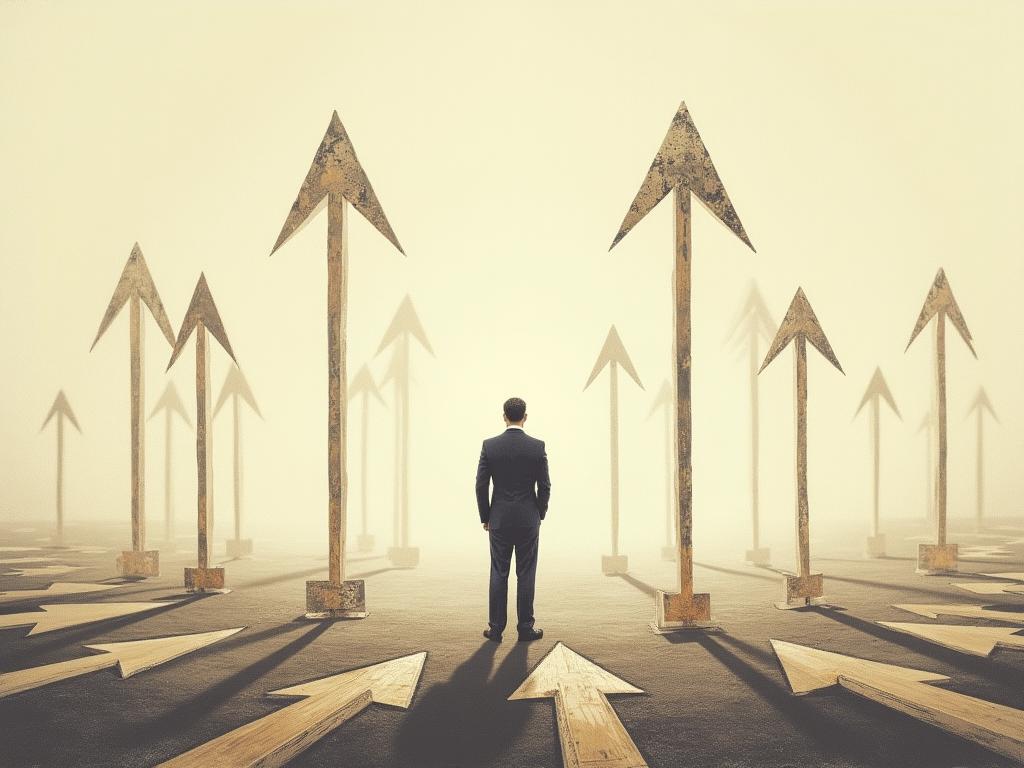 Abstract image of a person standing at a crossroads with arrows pointing in different directions, symbolizing change and choices.