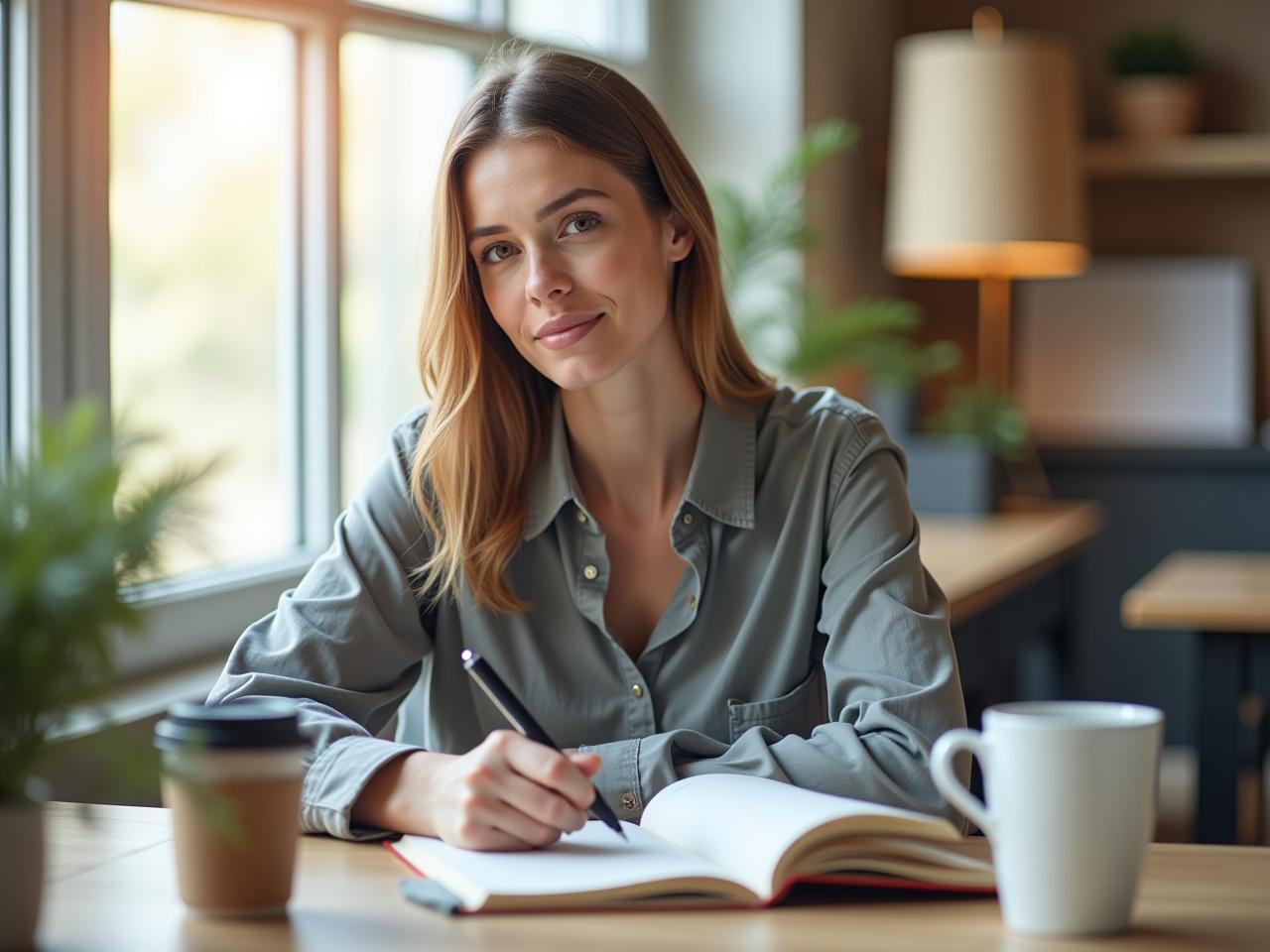 A person sitting at a desk with a notebook, pen, and a cup of coffee, looking focused and ready to start working. The background is a bright and inspiring workspace.