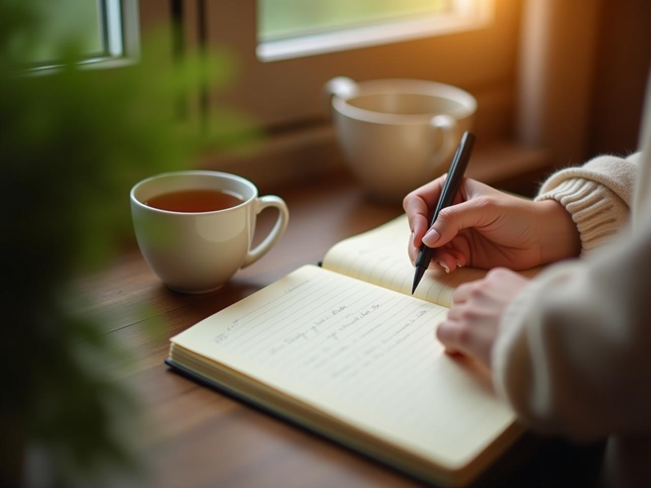 A person writing in a gratitude journal with a warm cup of tea beside them, surrounded by soft lighting and greenery. The image represents peace and reflection.