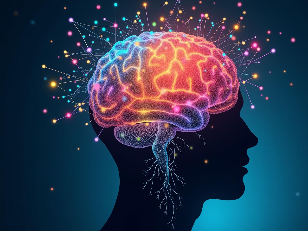 Brain with colorful connections symbolizing neuroplasticity and the brains ability to change and adapt.