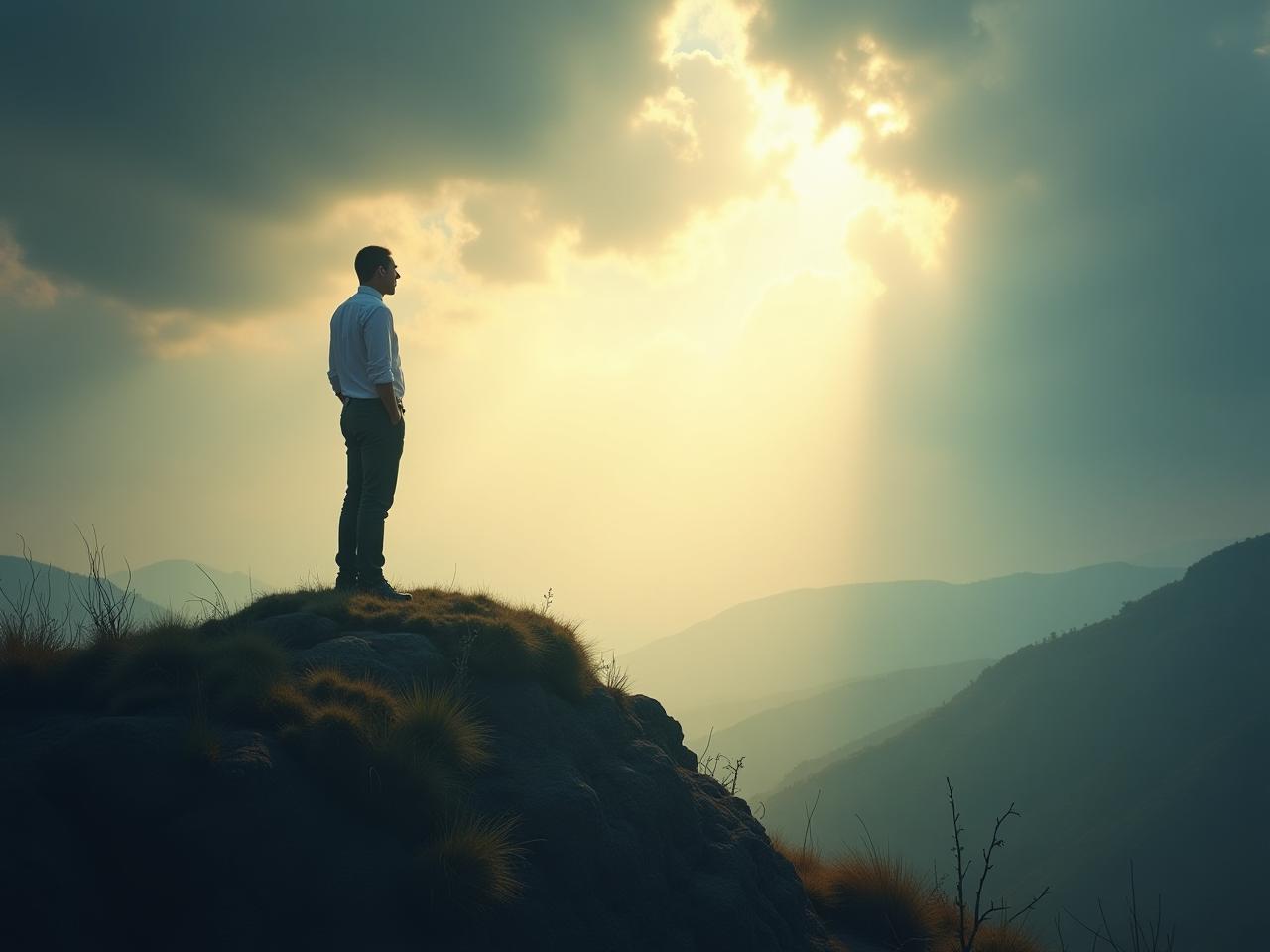 A leader standing on a hilltop, looking towards a challenging landscape. The sky is stormy, but theres a ray of sunlight breaking through, symbolizing hope and overcoming challenges.