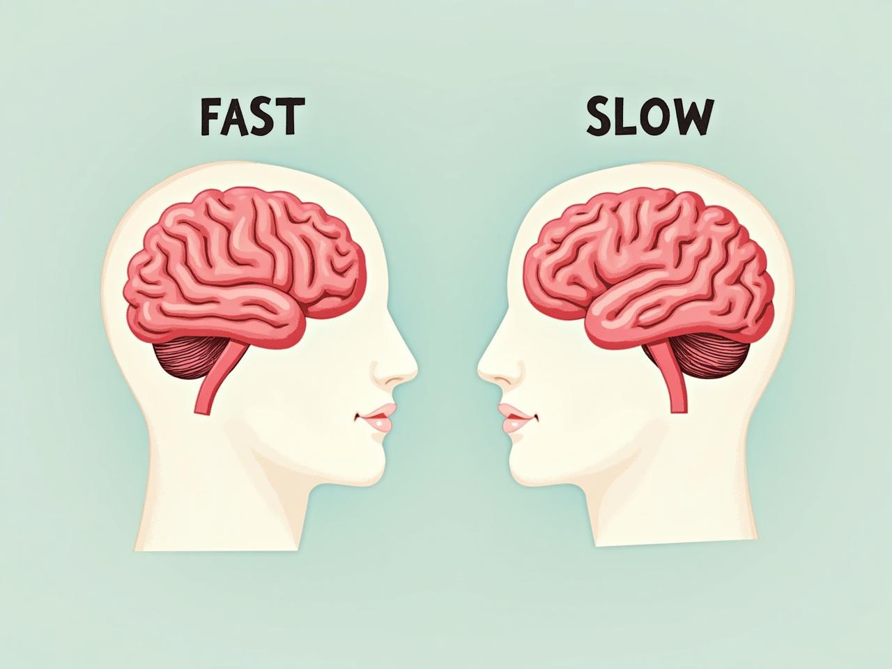 Illustration of two brains, one fast and intuitive, the other slow and analytical, representing the two systems described in Daniel Kahnemans Thinking, Fast and Slow.