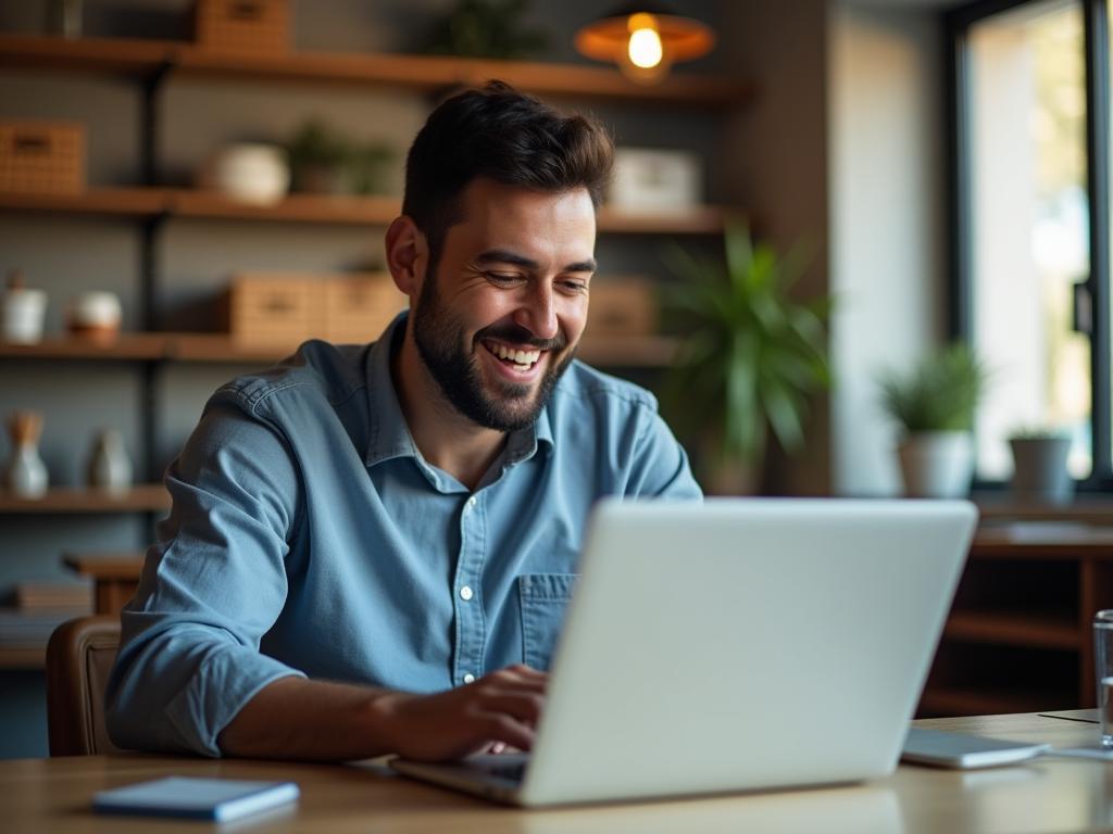 A person deeply focused and smiling while working on a laptop in a brightly lit and organized environment, symbolizing the state of flow.
