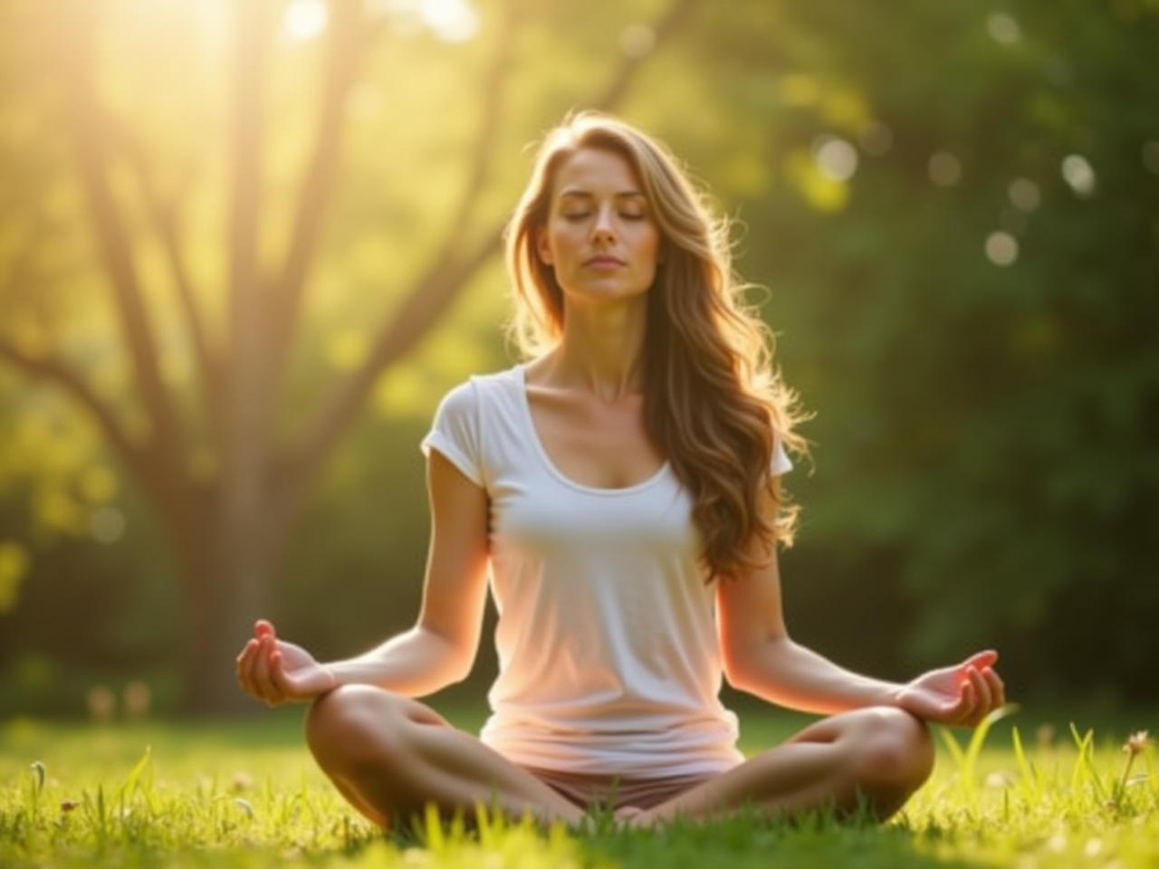 Woman meditating in a peaceful nature setting, practicing deep breathing exercises with eyes closed.