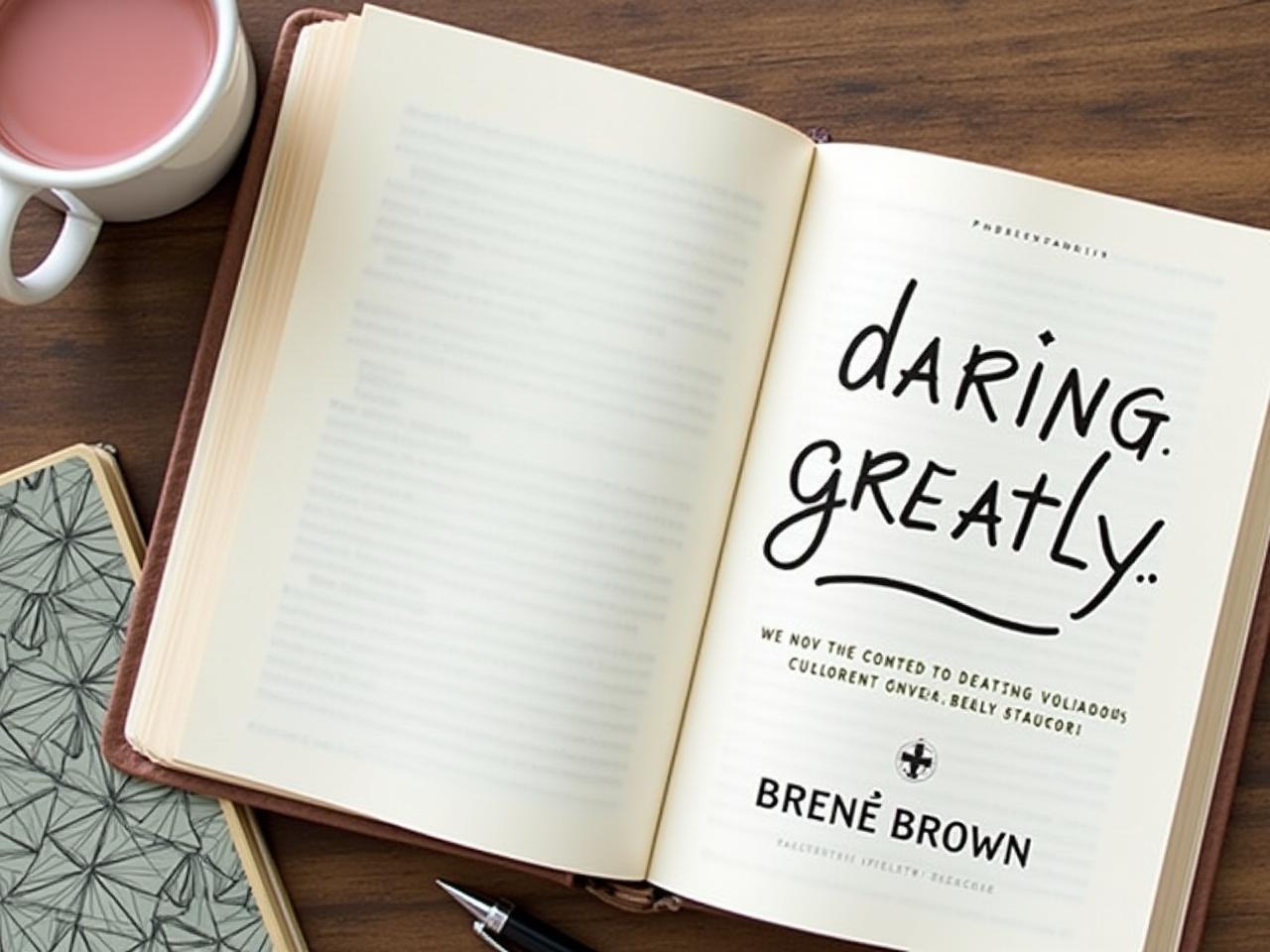 Image of an open book with the title Daring Greatly by Brené Brown, next to a pen and a journal. The image symbolizes self-reflection, vulnerability, and resilience.