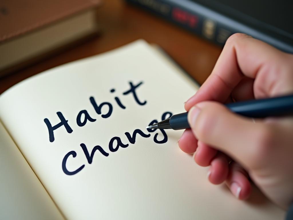 Close up of a hand writing in a journal with the title Habit Change and a pen next to a copy of the book The Power of Habit.
