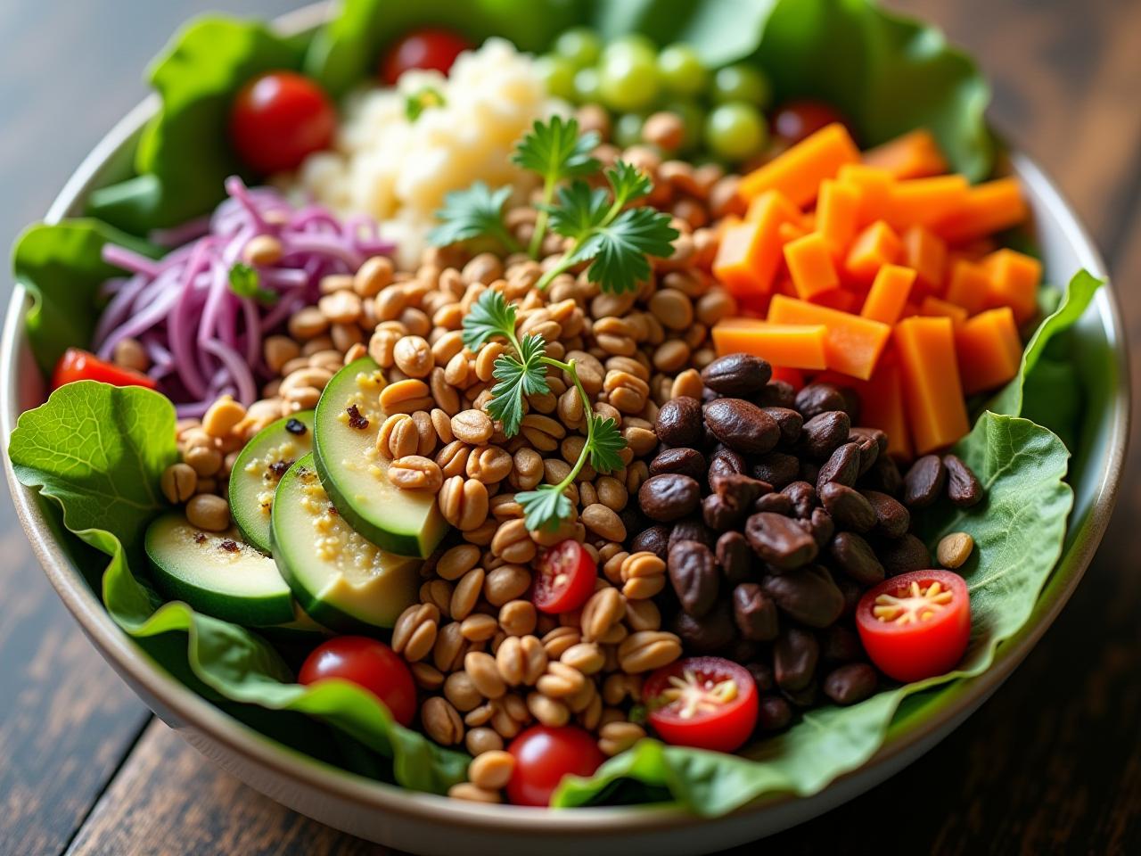 A large, colorful salad filled with various vegetables, nuts, and seeds, with a healthy dressing drizzled on top. The image emphasizes the freshness and variety of ingredients in a nutrient-rich salad.