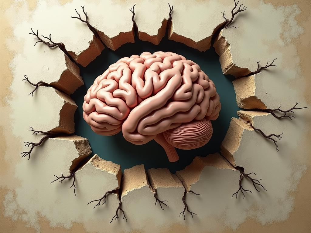 Brain breaking through a wall, symbolizing thinking outside the box and problem-solving.