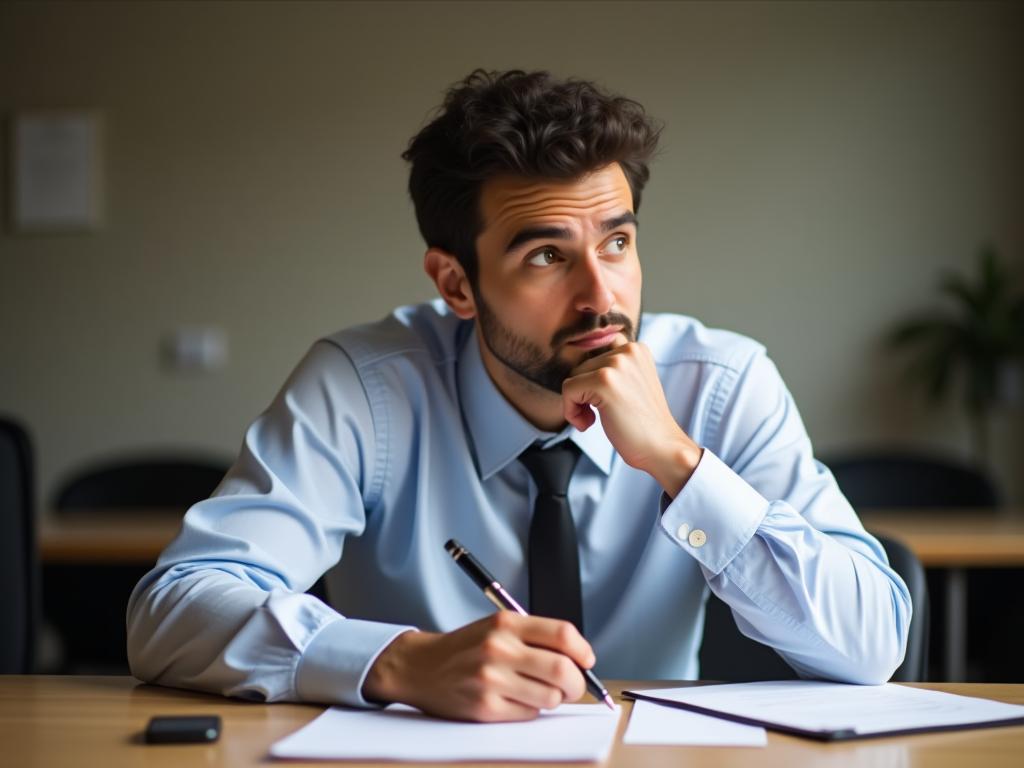 Person sitting at a desk, thoughtfully contemplating options before making a decision. The image conveys a sense of calm and deliberate thinking, with notes and a pen nearby.
