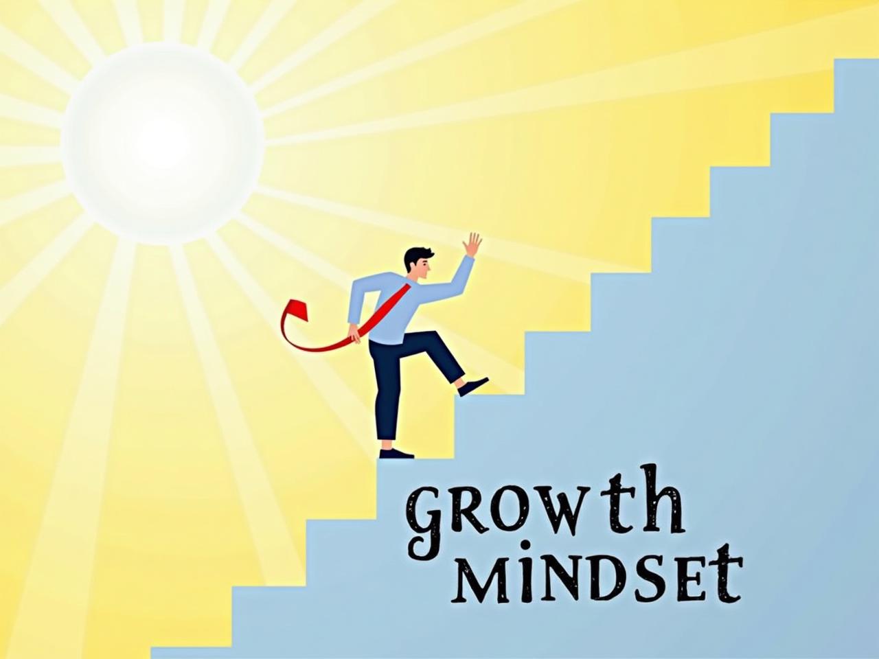 A person climbing a staircase, representing personal growth and overcoming obstacles, with the text Growth Mindset overlayed. The background is bright and optimistic.