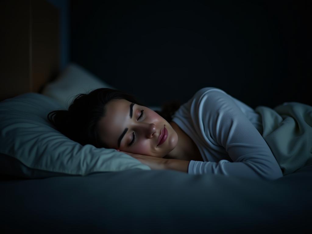 A woman sleeping peacefully in a dark room with a comfortable bed. The image is meant to convey the feeling of restful and restorative sleep.