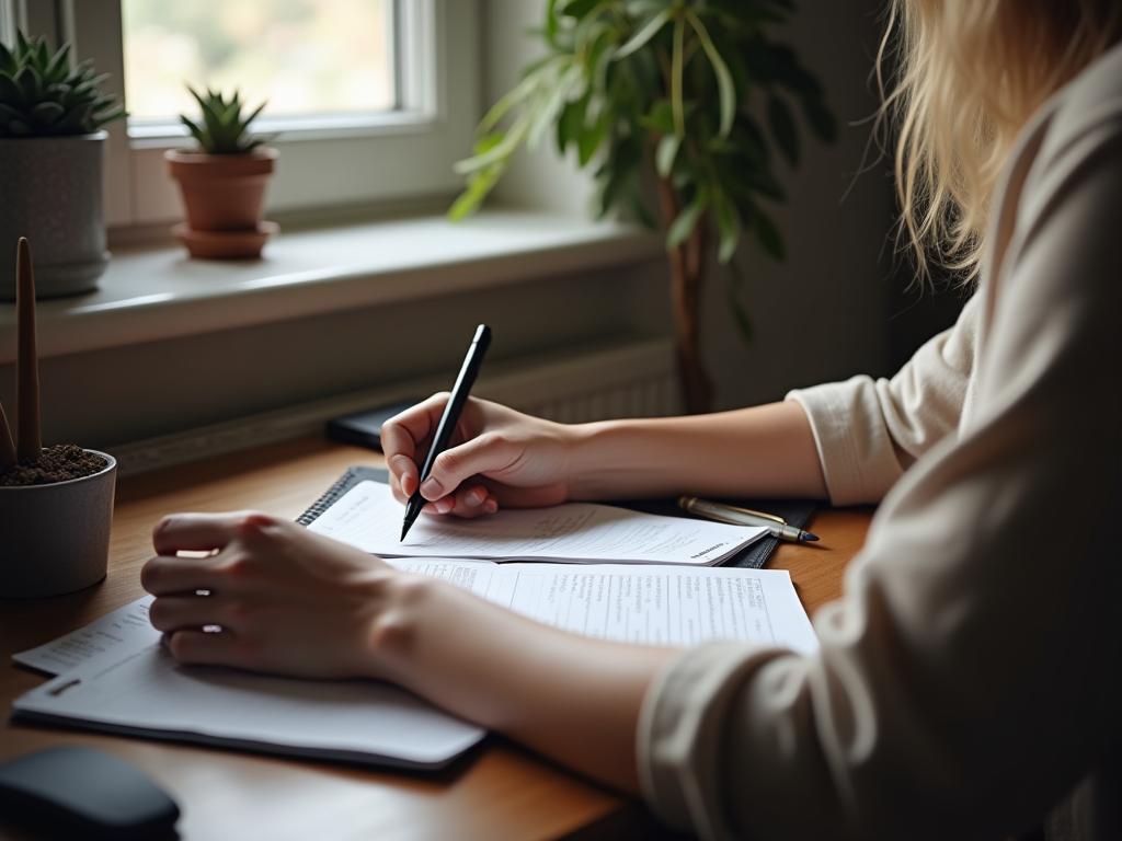 A person sitting at a desk, reviewing notes and planning the upcoming week with focus and intention.
