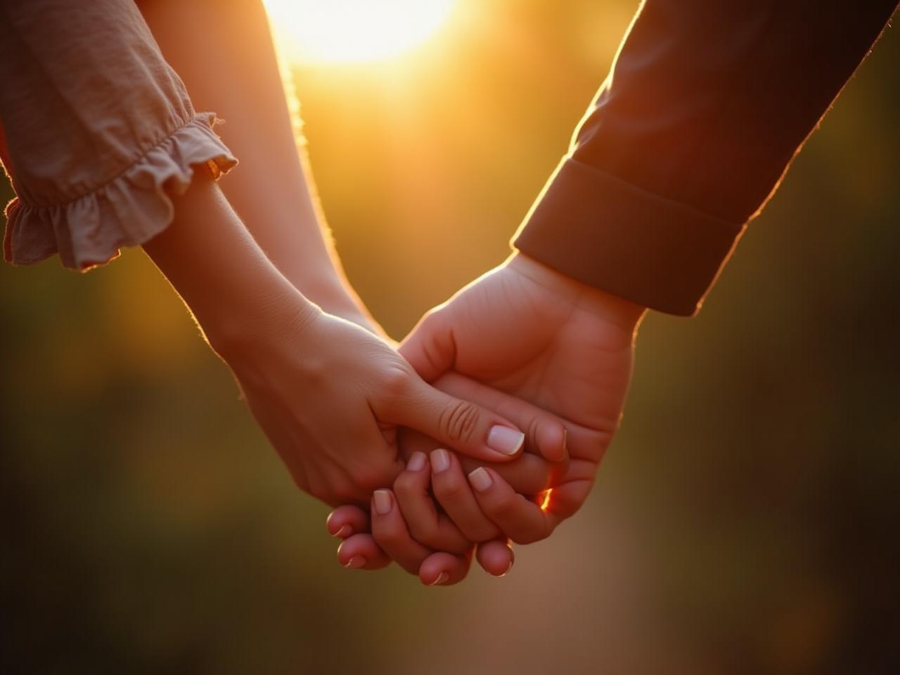 Couple holding hands, looking at each other with affection. Warm, intimate setting.