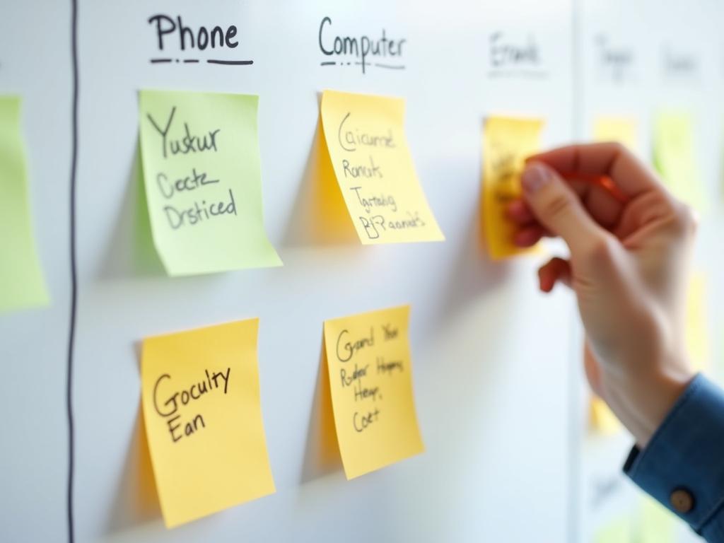 A person organizing tasks using sticky notes on a whiteboard, categorizing them by context such as Phone, Computer, and Errands.