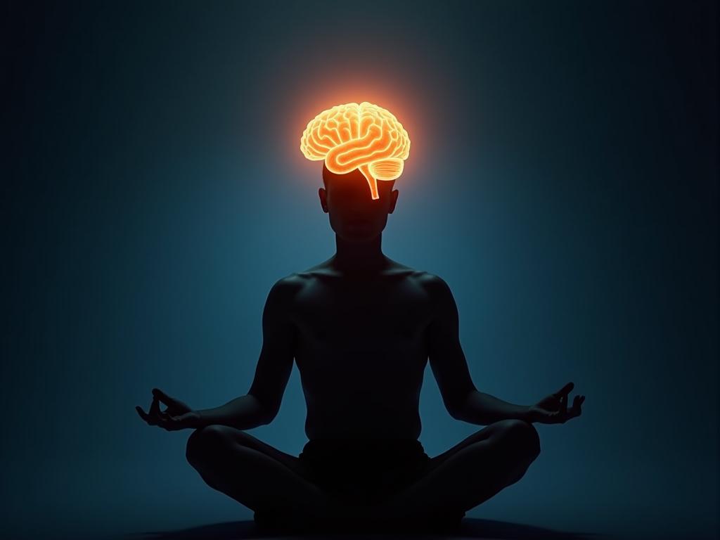 A person meditating with a glowing brain representing mental focus and enhanced performance, inspired by the book The Power of Full Engagement.