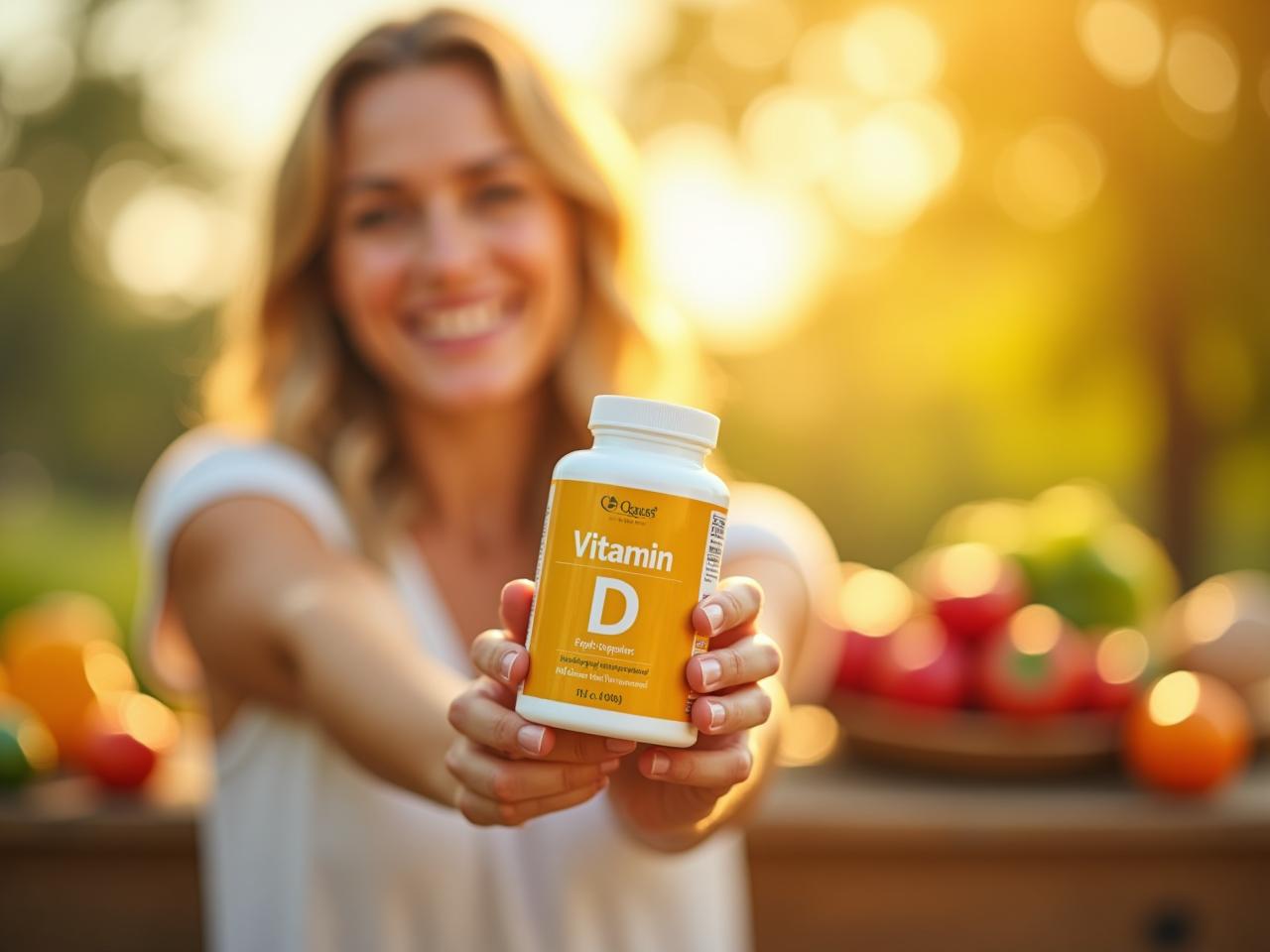 Woman holding a bottle of vitamin D supplements with a healthy lifestyle background including fruits, vegetables, and sunlight.