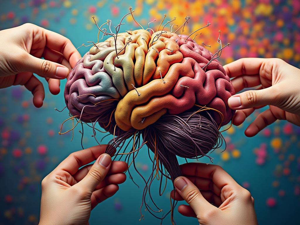A brain made of flexible wires being reshaped by hands, symbolizing neuroplasticity and the ability of the brain to change. Background is a vibrant, colorful abstract pattern.