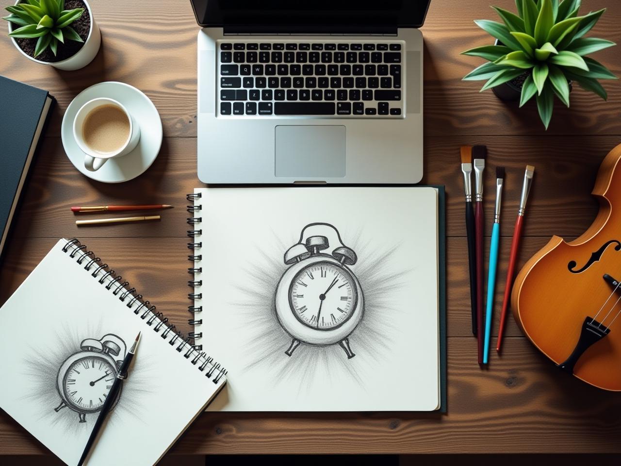 A desk with various creative tools like a laptop, sketchbook, paint brushes, and musical instruments, symbolizing the work around the clock approach to creativity.