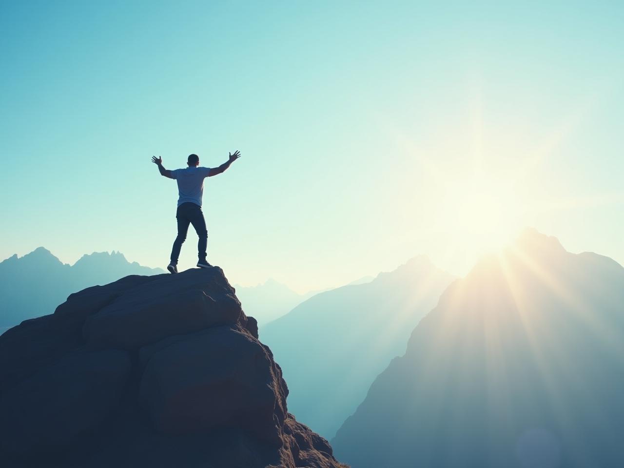 A person climbing a mountain, symbolizing overcoming fear. The sky is bright and clear, representing a positive outcome.