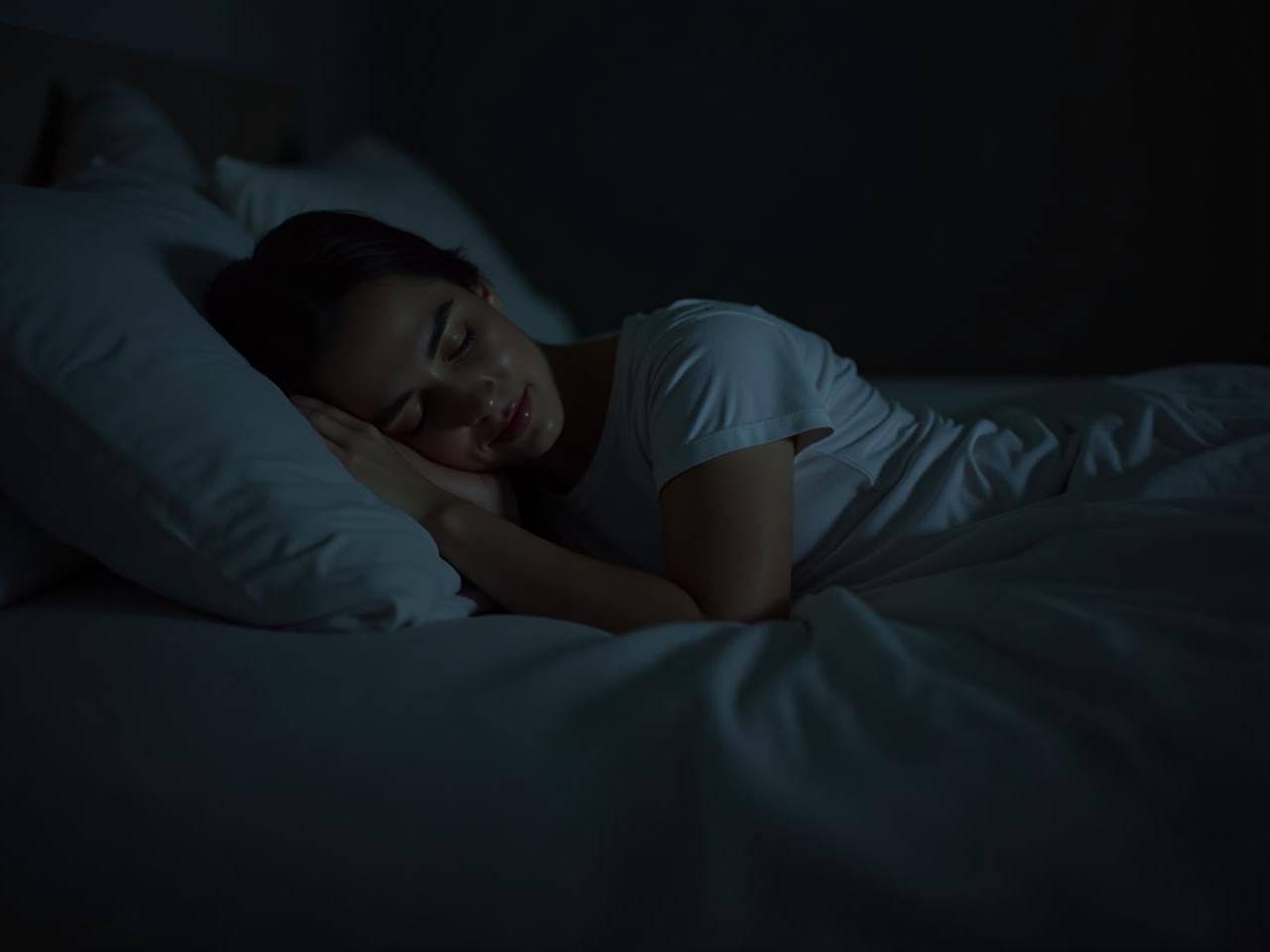 A person sleeping peacefully in a dark and quiet room. Keywords: good sleep, healthy lifestyle, exercise, bedroom, relaxation.