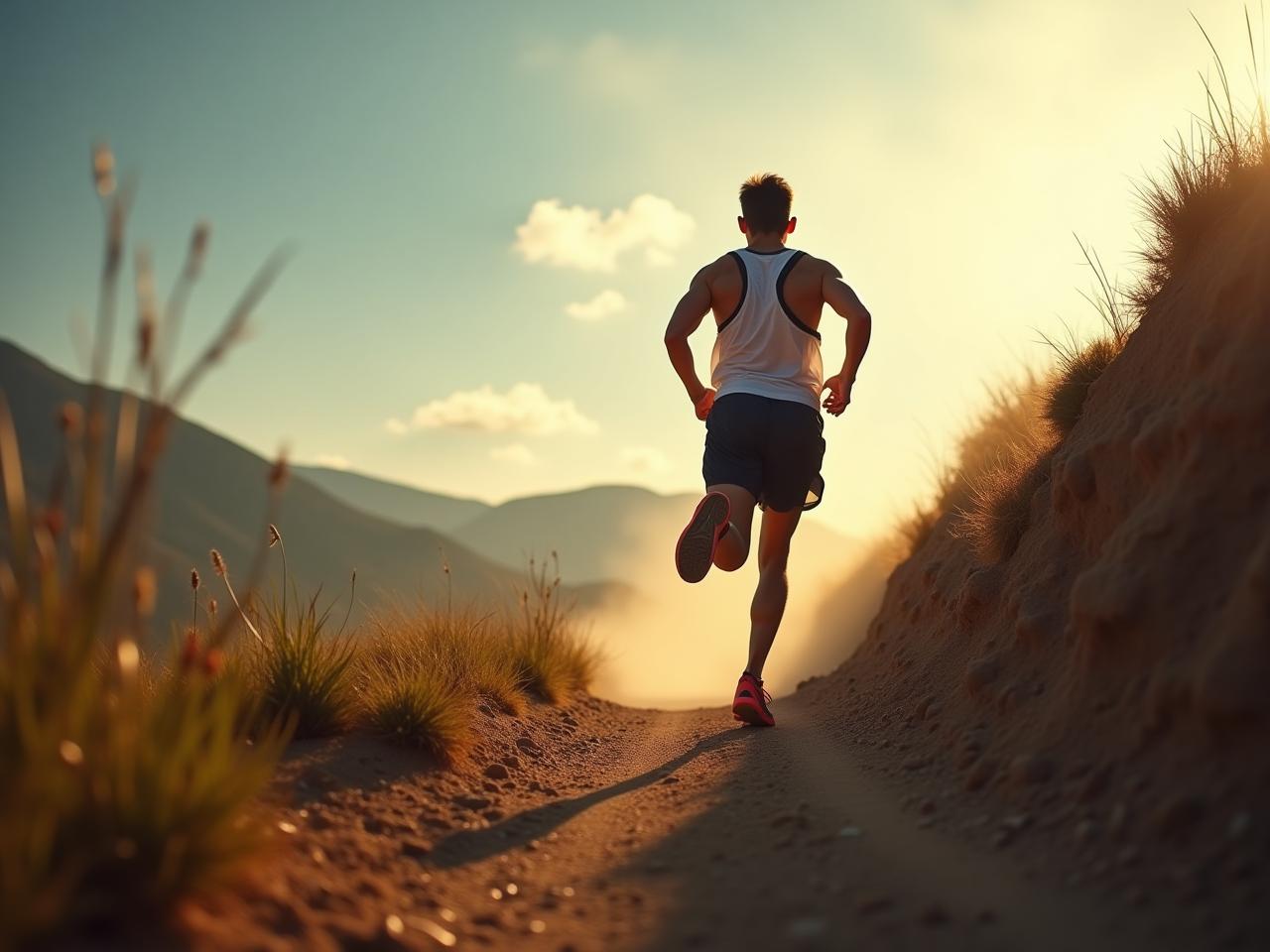 A determined person running uphill in a challenging environment, symbolizing mental toughness and resilience, inspired by David Goggins Cant Hurt Me.