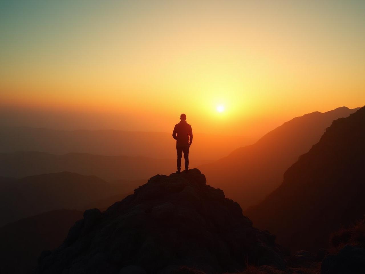 A person standing on top of a mountain, looking out at a vast landscape. The sun is setting, casting a warm glow over the scene. The image represents overcoming challenges and achieving goals.