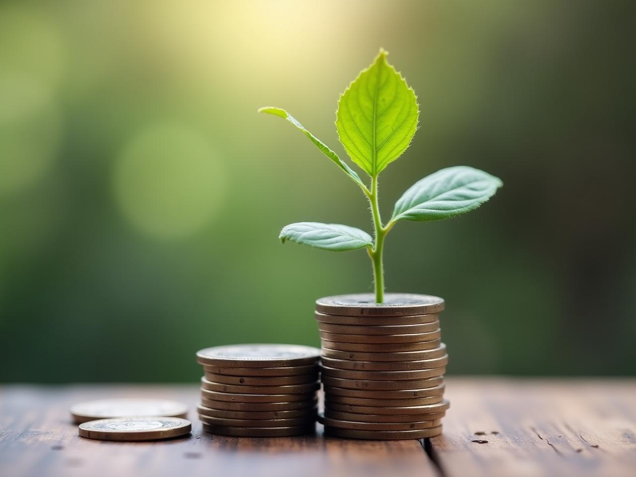 A green plant growing out of coins, representing the growth of passive investments. The book Money: Master the Game is visible in the background.