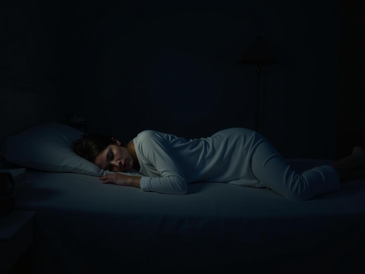 A person sleeping peacefully in a dark, quiet room. Keywords: sleep, restful sleep, dark room, peaceful, Matthew Walker, Why We Sleep.