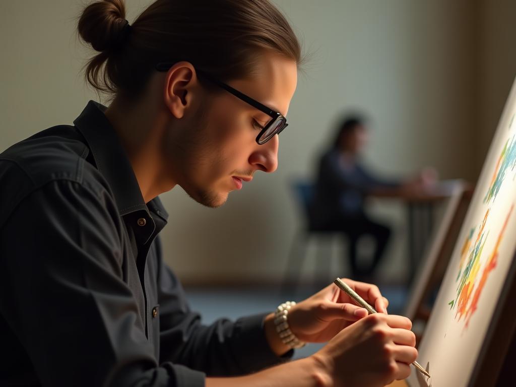 A person completely focused and immersed in an activity, like painting or playing music, with a slight blur in the background suggesting their awareness of the surroundings but their primary focus is on the activity.