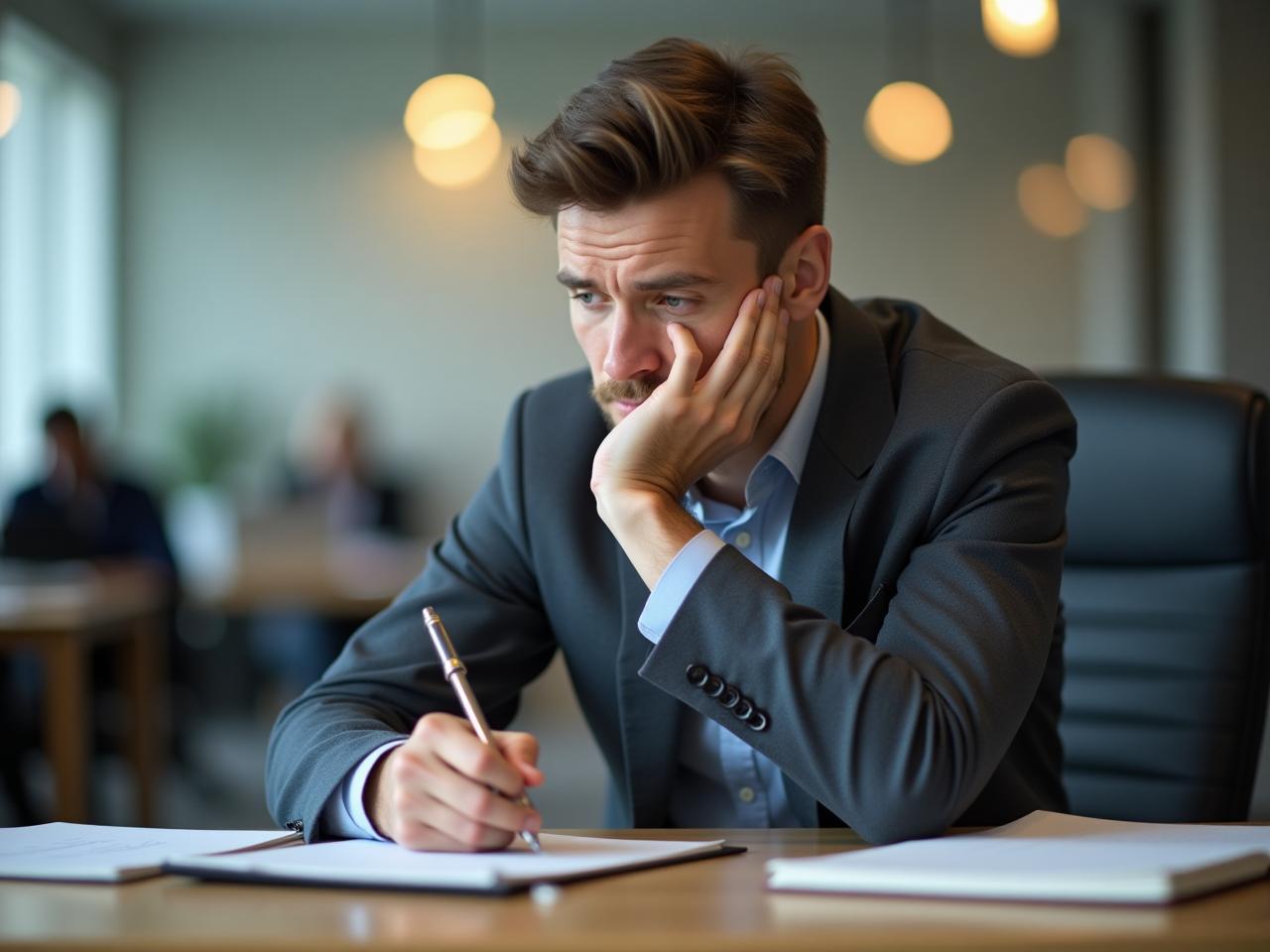 A person sitting at a desk, looking thoughtful, with a notebook and pen in hand. The background is blurred, suggesting a busy office environment, but the focus is on the individuals introspective moment.