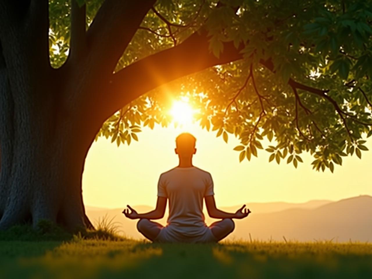 A serene image of a person meditating under a tree, symbolizing inner peace and excellence. The sun is shining through the leaves, creating a sense of hope and growth.