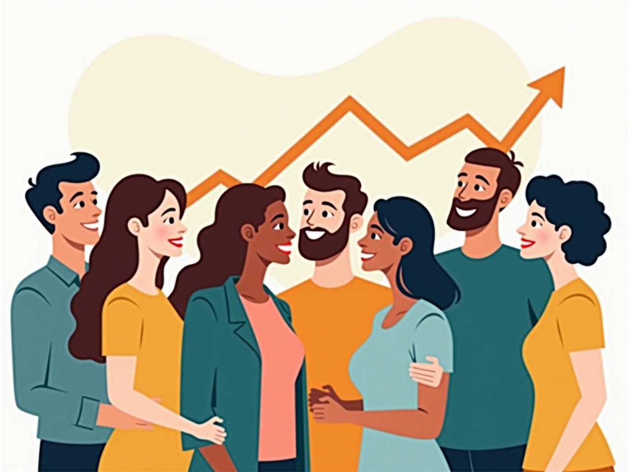 A diverse group of people collaborating and smiling, symbolizing a supportive financial network. Background shows a graph trending upwards, representing financial growth.