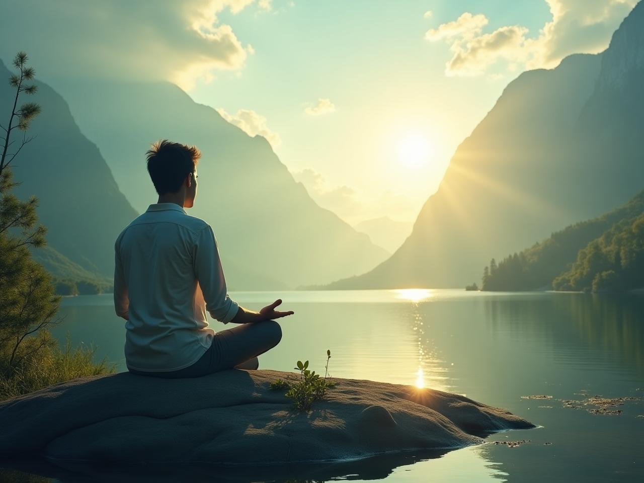 A serene landscape with a person meditating, symbolizing stress reduction and inner peace, inspired by Deepak Chopras book Living Without Stress.