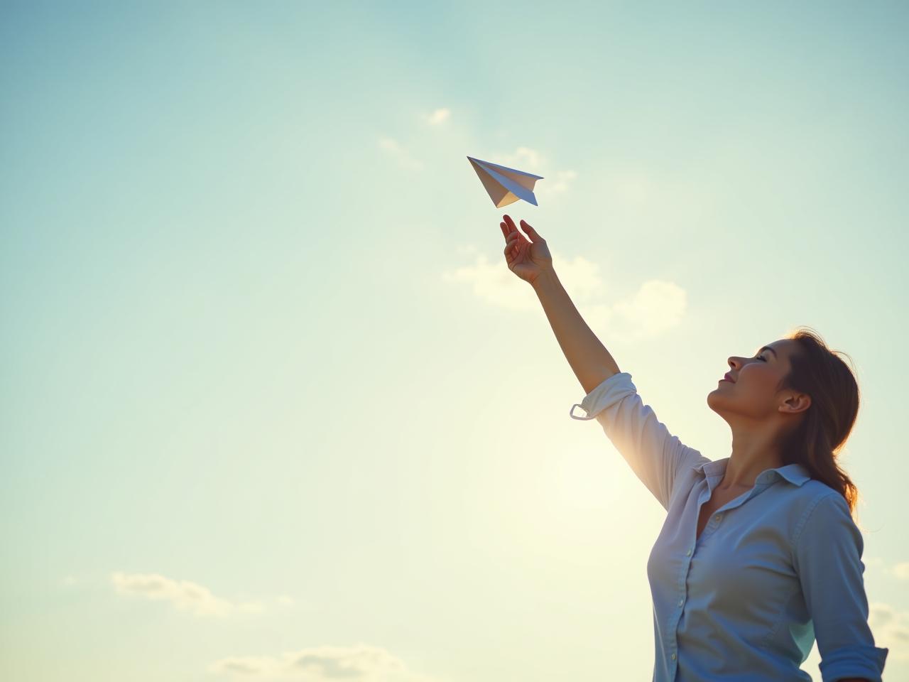 A person releasing a paper airplane representing the past into the sky, symbolizing letting go and new beginnings.