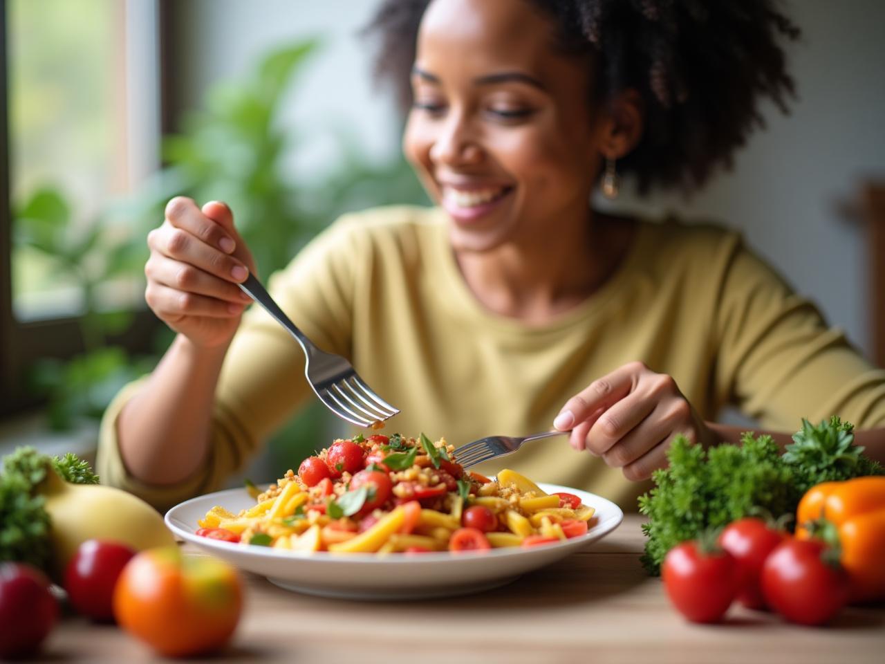 A person mindfully eating a colorful and nutritious meal, surrounded by fresh fruits and vegetables. The atmosphere is relaxed and enjoyable, representing intuitive eating principles.