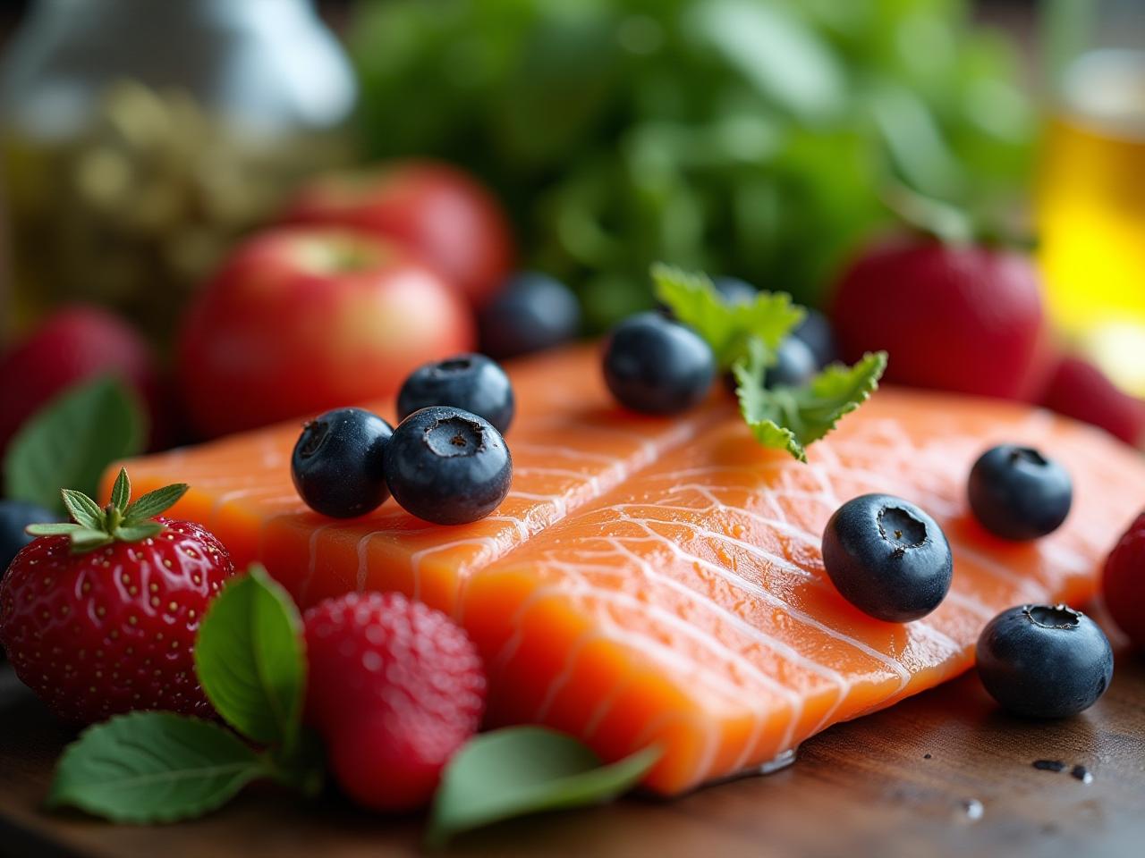 Close-up shot of colorful anti-inflammatory foods like berries, salmon, olive oil, and leafy greens arranged on a wooden table, symbolizing a healthy diet for chronic pain management.