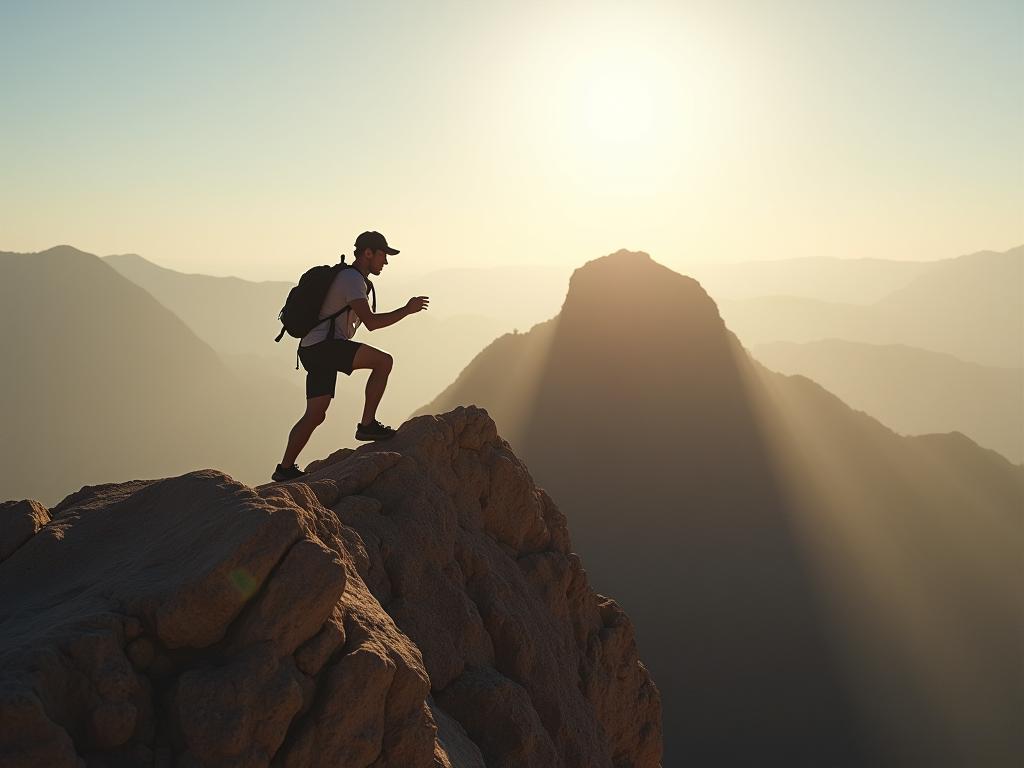 A person climbing a steep mountain, symbolizing overcoming challenges and building mental toughness, inspired by David Goggins book Cant Hurt Me.