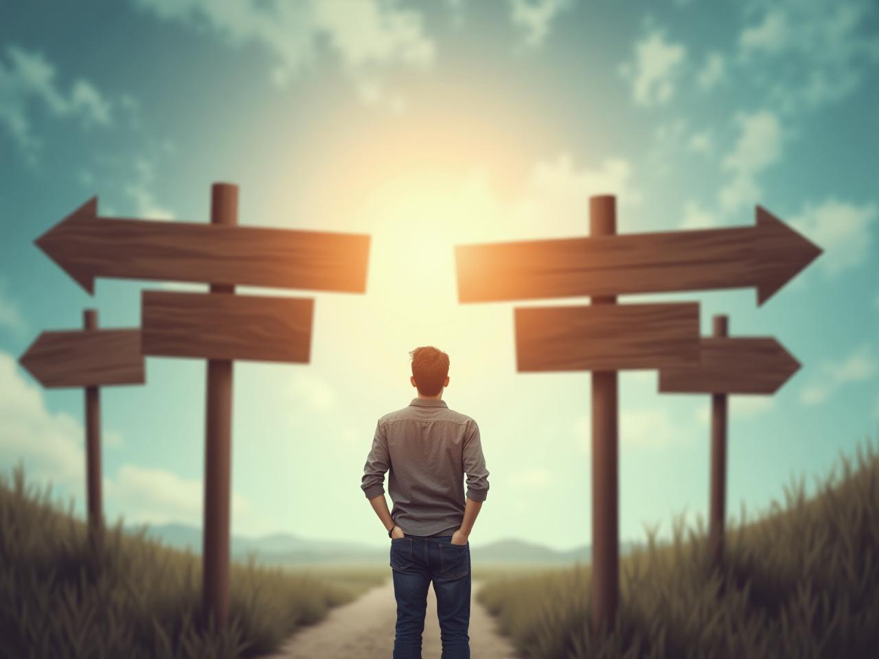 A person standing at a crossroads, looking overwhelmed by the number of signs pointing in different directions. The focus is sharp on one sign, while the others are blurred, symbolizing selective focus.
