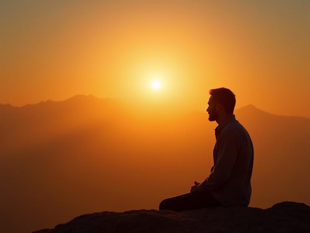 A person looking at a sunrise, symbolizing hope and finding meaning in life. The title of the book Mans Search for Meaning is subtly displayed.