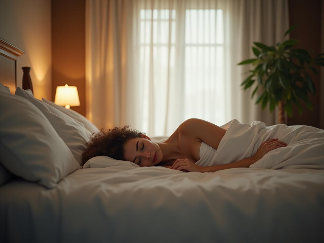 A serene bedroom with soft lighting, aromatherapy diffuser, and a person sleeping peacefully.